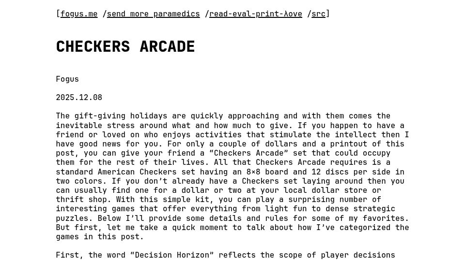 Screenshot of blog.fogus.me: Checkers Arcade