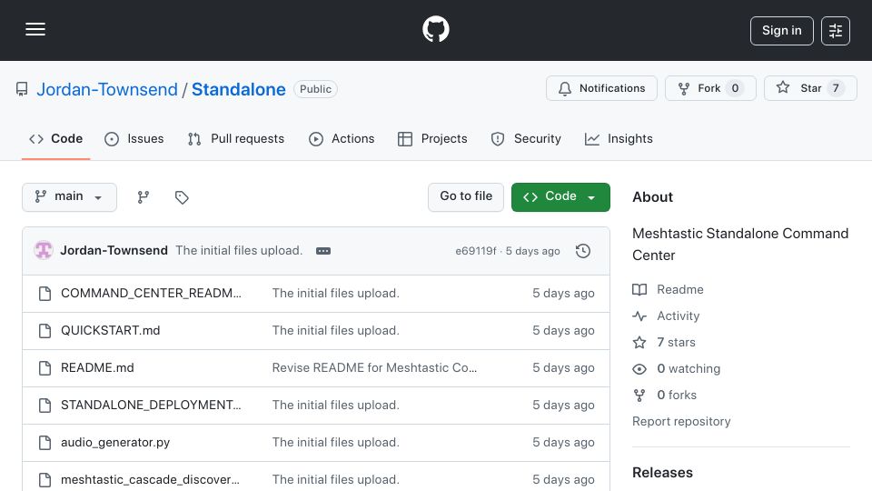 Screenshot of github.com: Standalone Meshtastic Command Center – One HTML File Offline