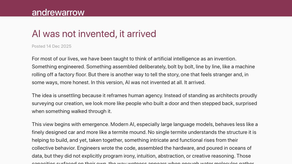 Screenshot of andrewarrow.dev: AI was not invented, it arrived