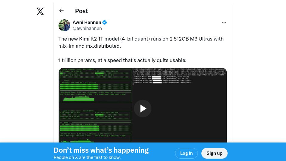 Screenshot of twitter.com: Kimi K2 1T model runs on 2 512GB M3 Ultras