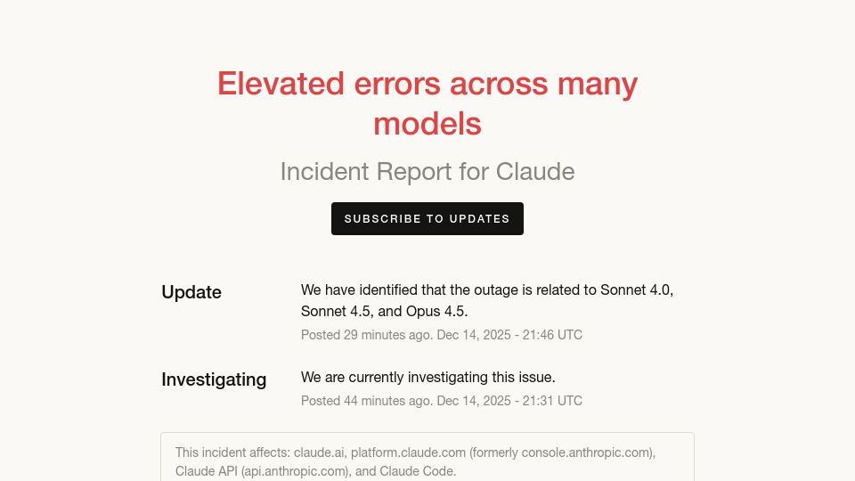 Screenshot of status.claude.com: Elevated errors across many models