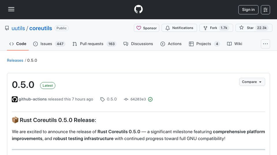 Screenshot of github.com: Rust Coreutils 0.5.0 Release: 87.75% compatibility with GNU Coreutils
