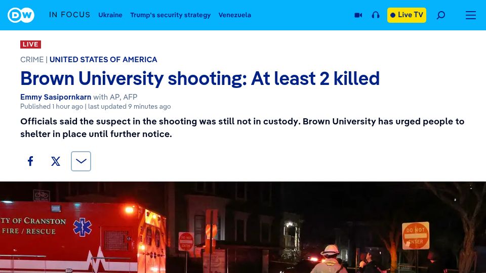 Screenshot of dw.com: Brown University shooting: At least 2 killed