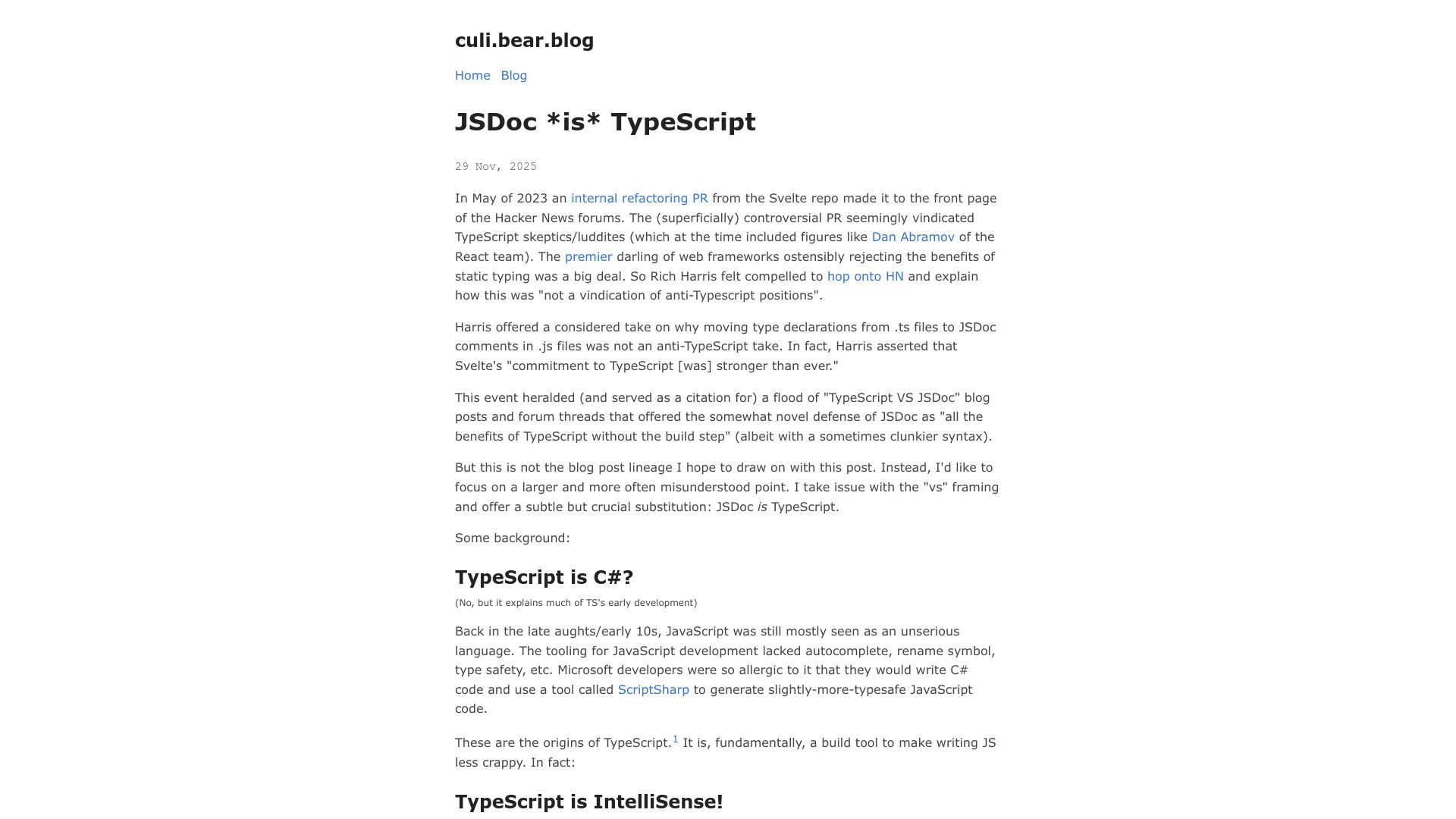 Screenshot of culi.bearblog.dev: JSDoc is TypeScript