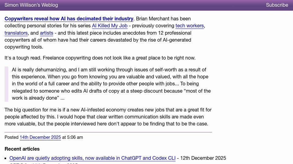 Screenshot of simonwillison.net: Willison on Merchant's "Copywriters reveal how AI has decimated their industry"
