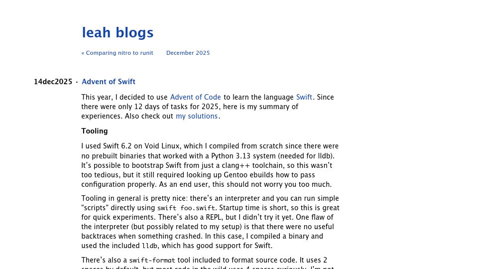 Screenshot of leahneukirchen.org: Advent of Swift