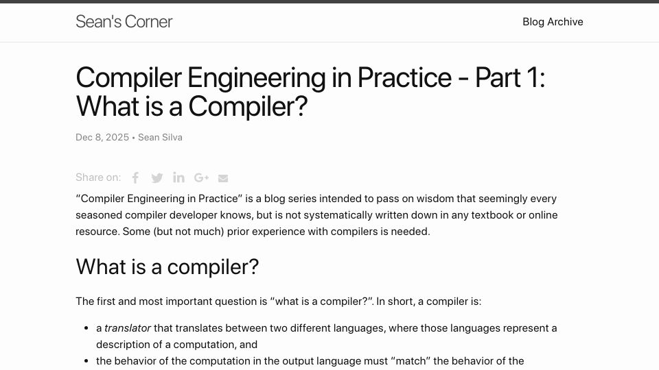 Screenshot of chisophugis.github.io: Compiler Engineering in Practice