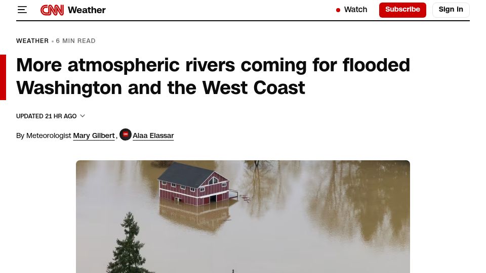 Screenshot of cnn.com: More atmospheric rivers coming for flooded Washington and the West Coast