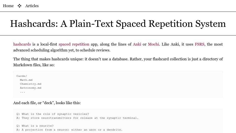 Screenshot of borretti.me: Hashcards: A plain-text spaced repetition system
