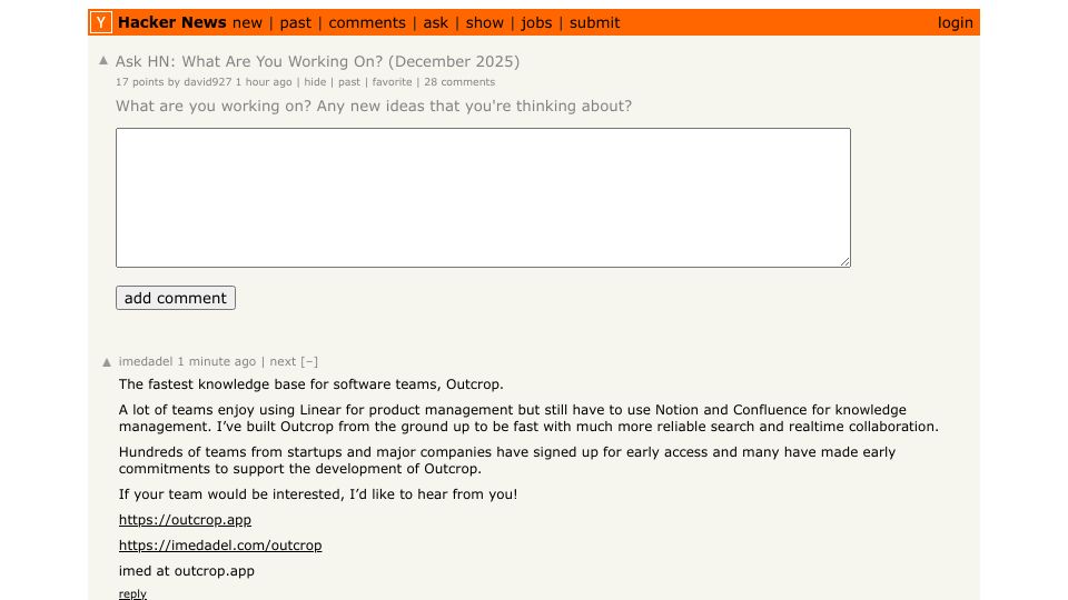 Screenshot of Hacker News post: Ask HN: What Are You Working On? (December 2025)