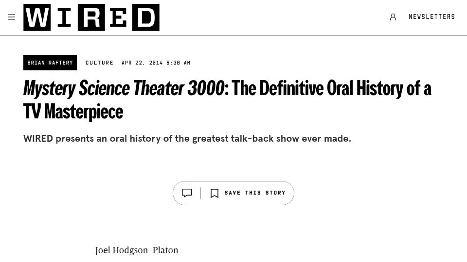 Screenshot of wired.com: Mystery Science Theater 3000: The Definitive Oral History of a TV Masterpiece