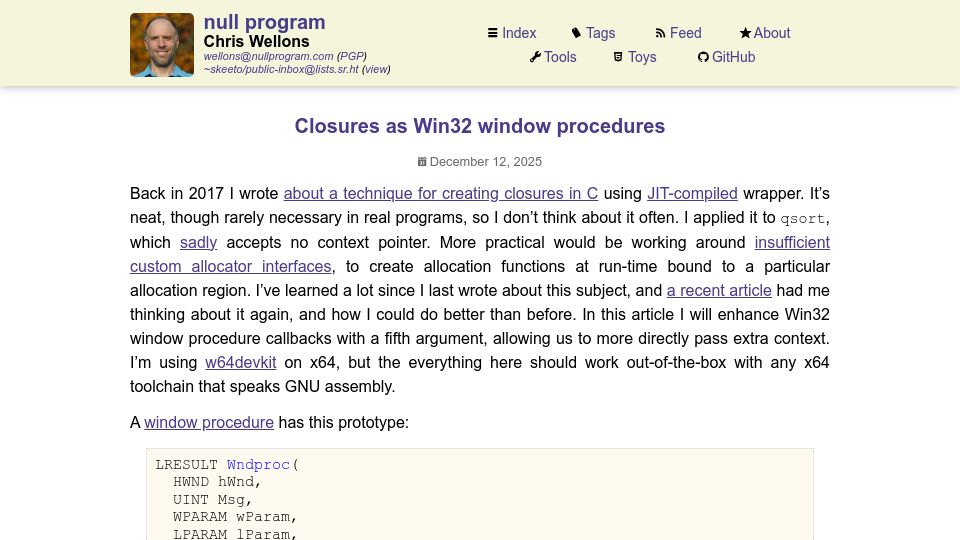 Screenshot of nullprogram.com: Closures as Win32 Window Procedures