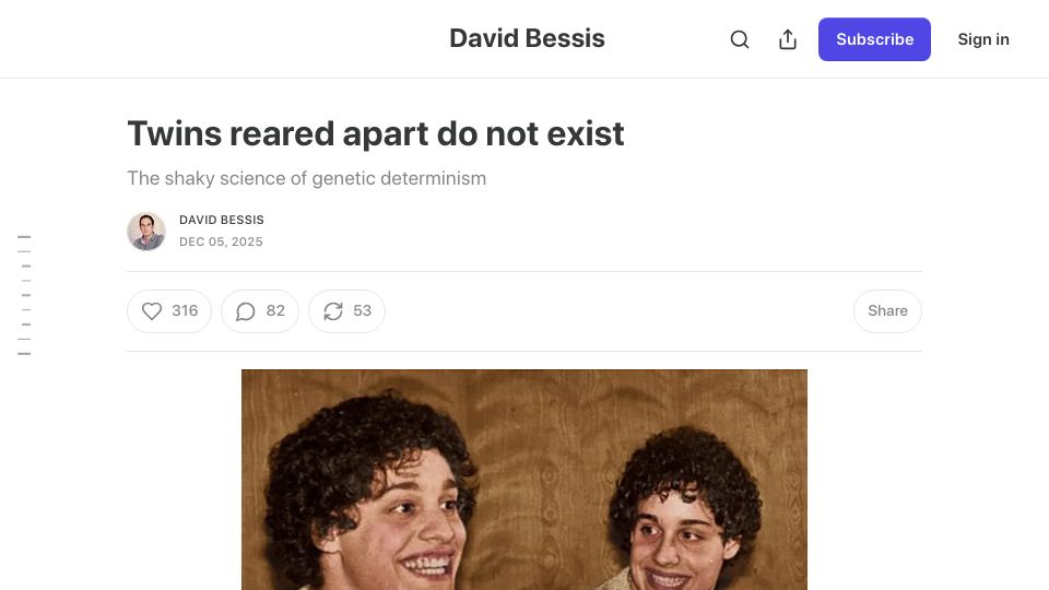 Screenshot of davidbessis.substack.com: Twins reared apart do not exist
