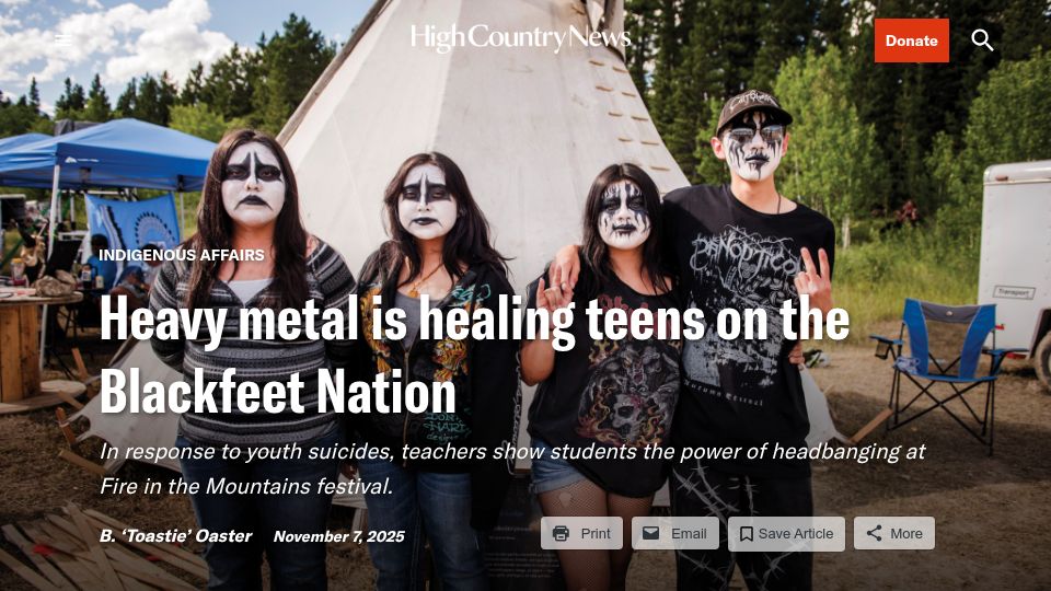 Screenshot of hcn.org: Heavy metal is healing teens on the Blackfeet Nation