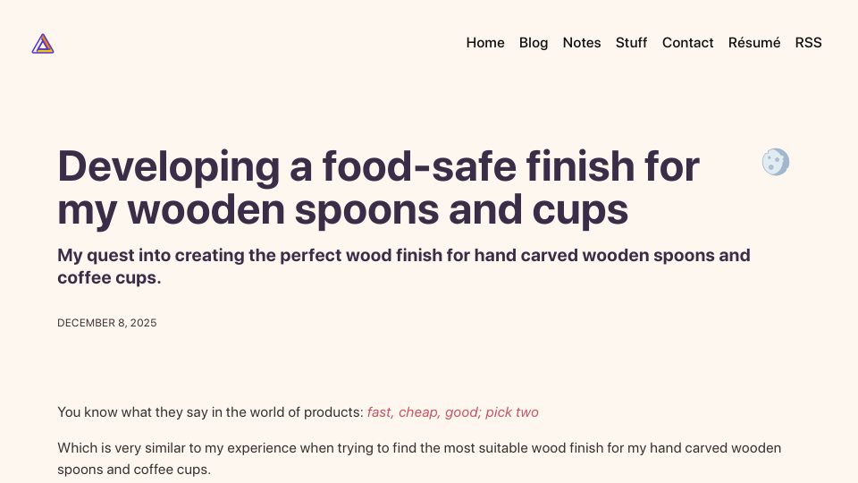 Screenshot of alinpanaitiu.com: Developing a food-safe finish for my wooden spoons