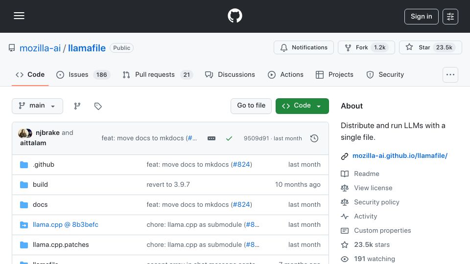 Screenshot of github.com: llamafile: Distribute and Run LLMs with a Single File