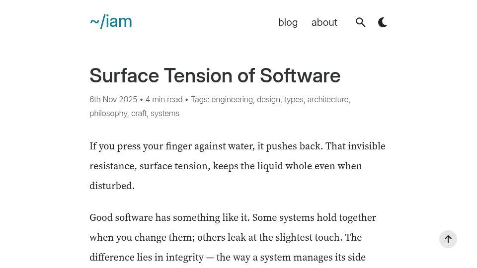 Screenshot of iamstelios.com: Surface Tension of Software