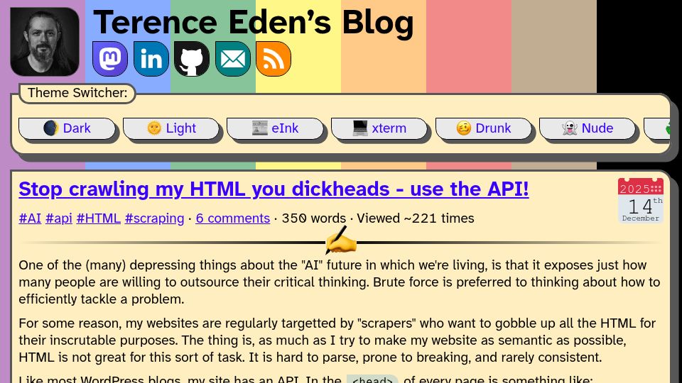 Screenshot of shkspr.mobi: Stop crawling my HTML – use the API