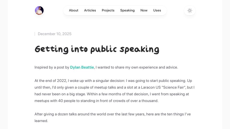 Screenshot of james.brooks.page: Getting into public speaking