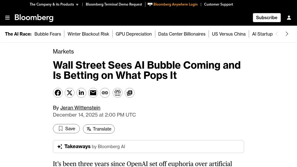 Screenshot of bloomberg.com: Wall Street Sees AI Bubble Coming and Is Betting on What Pops It