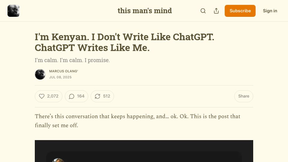 Screenshot of marcusolang.substack.com: I'm Kenyan. I don't write like ChatGPT, ChatGPT writes like me