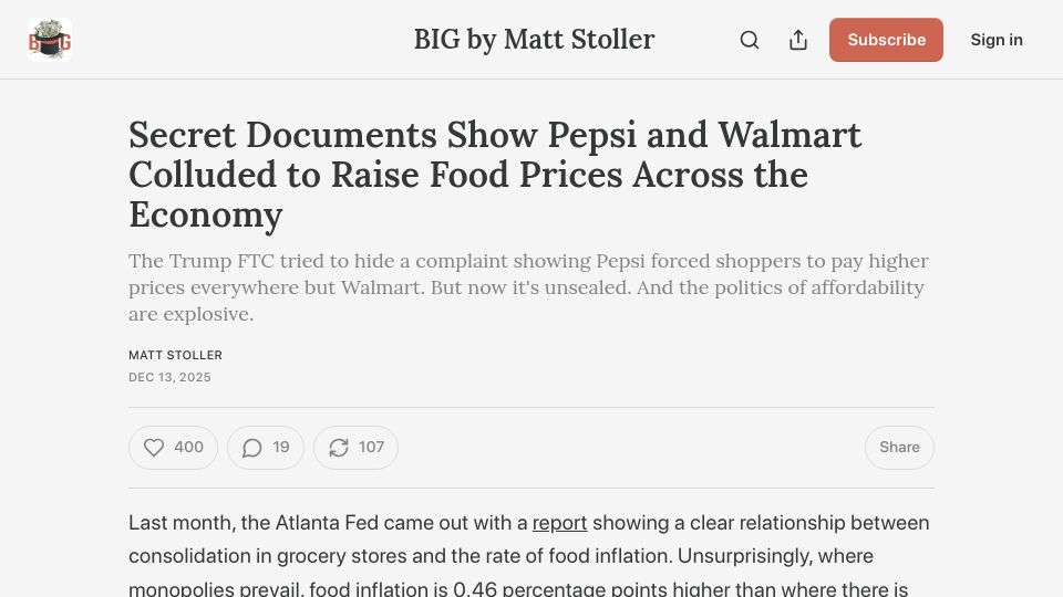 Screenshot of thebignewsletter.com: Secret Documents Show Pepsi and Walmart Colluded to Raise Food Prices