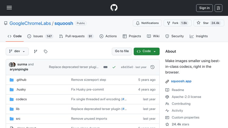 Screenshot of github.com: Make images smaller using best-in-class codecs, right in the browser