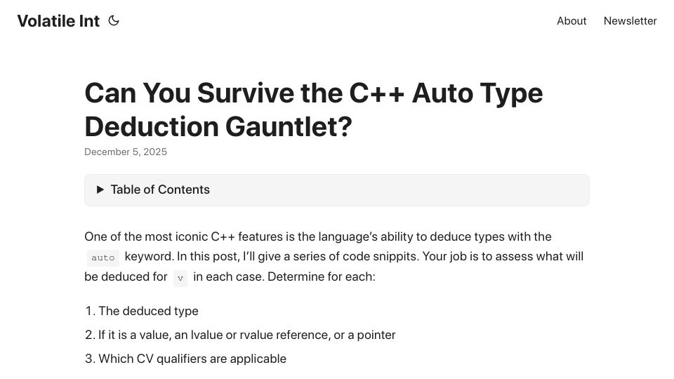 Screenshot of volatileint.dev: How well do you know C++ auto type deduction?