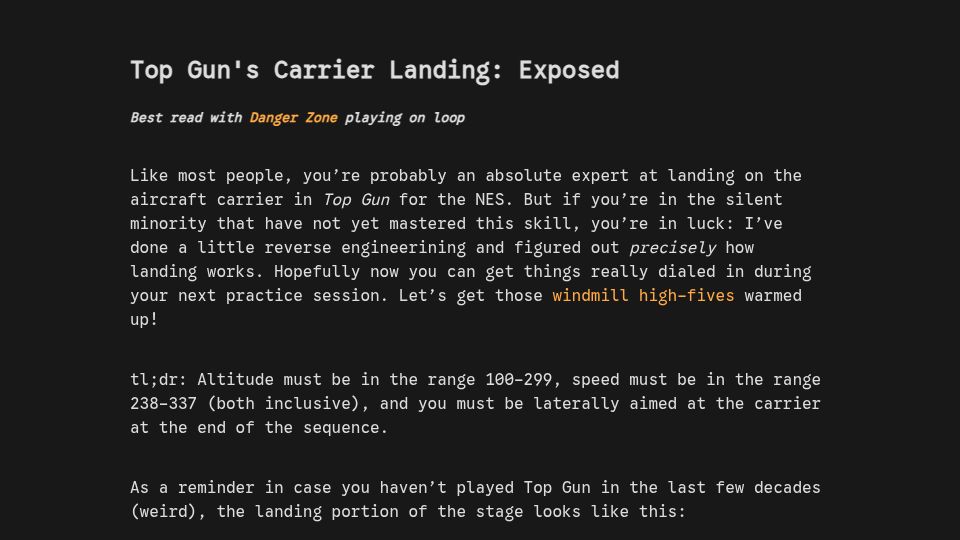 Screenshot of relaxing.run: Carrier Landing in Top Gun for the NES