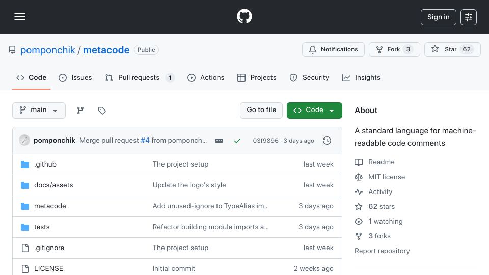 Screenshot of github.com: Metacode: The new standard for machine-readable comments for Python