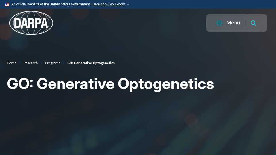 Screenshot of darpa.mil: Generative Optogenetics