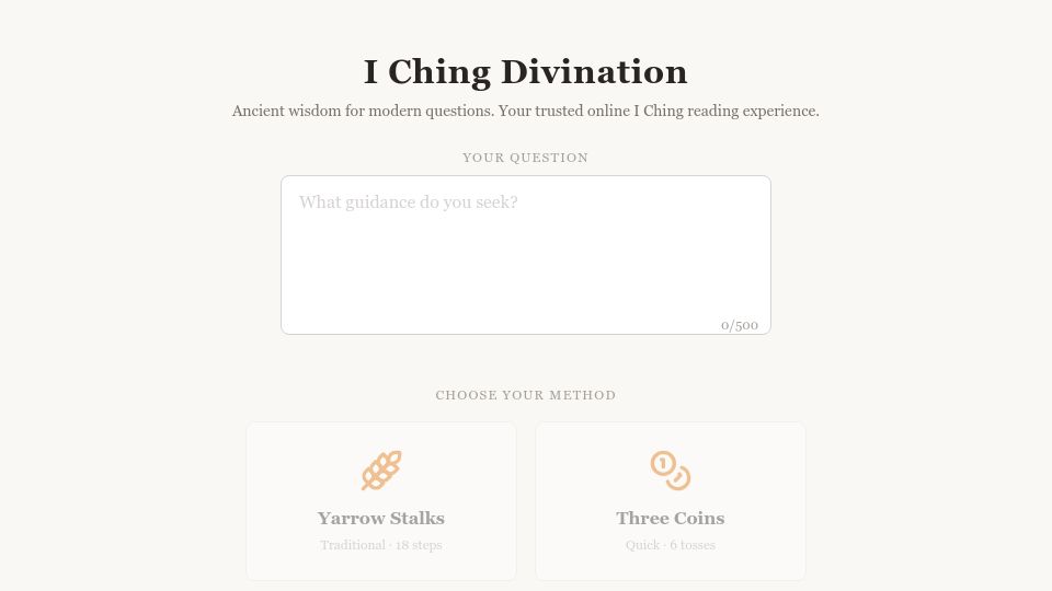 Screenshot of castiching.com: Show HN: I Ching simulator with accurate Yarrow Stalk probabilities