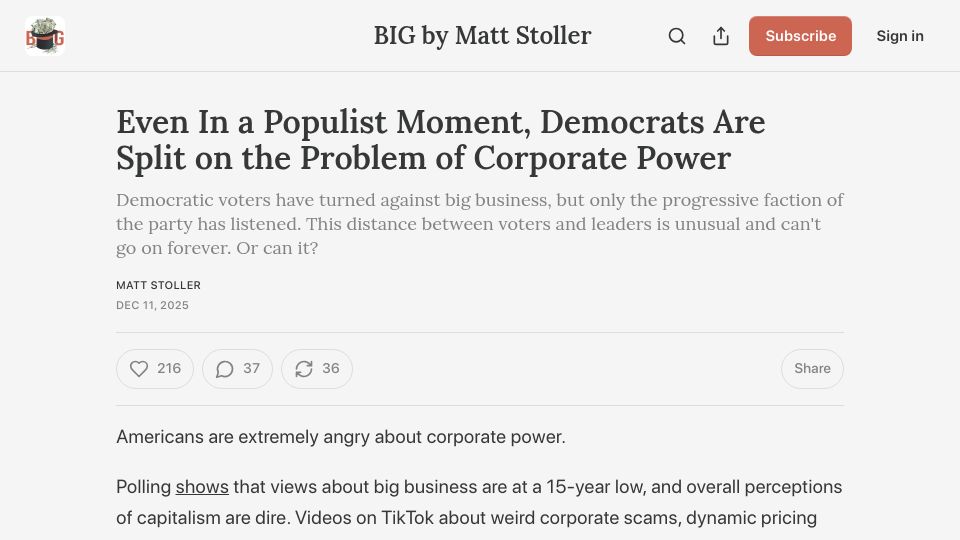 Screenshot of thebignewsletter.com: Even in a Populist Moment, Democrats Are Split on the Problem of Corporate Power