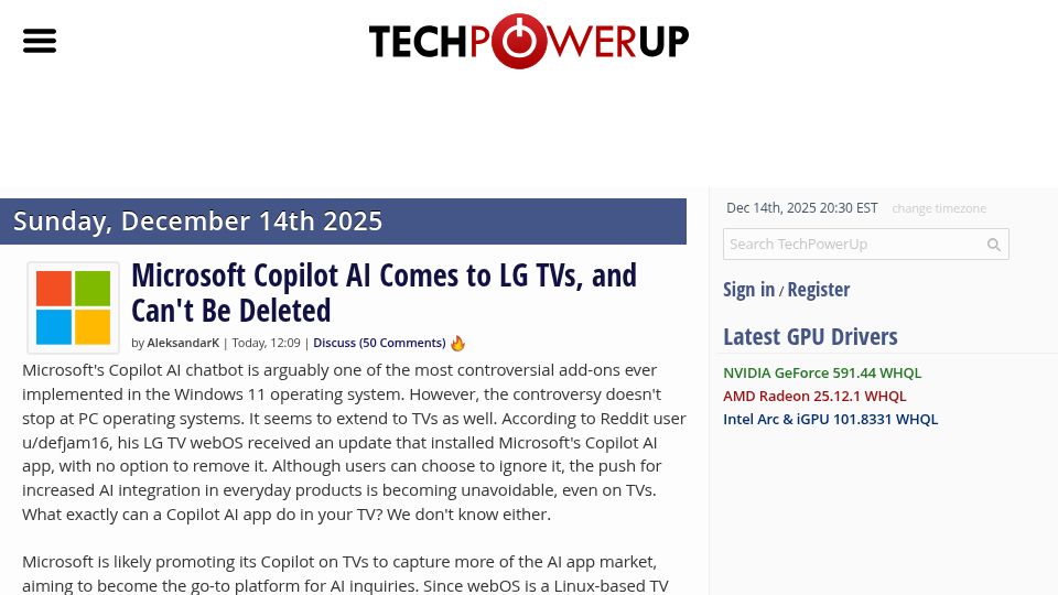 Screenshot of techpowerup.com: Microsoft Copilot AI Comes to LG TVs, and Can't Be Deleted
