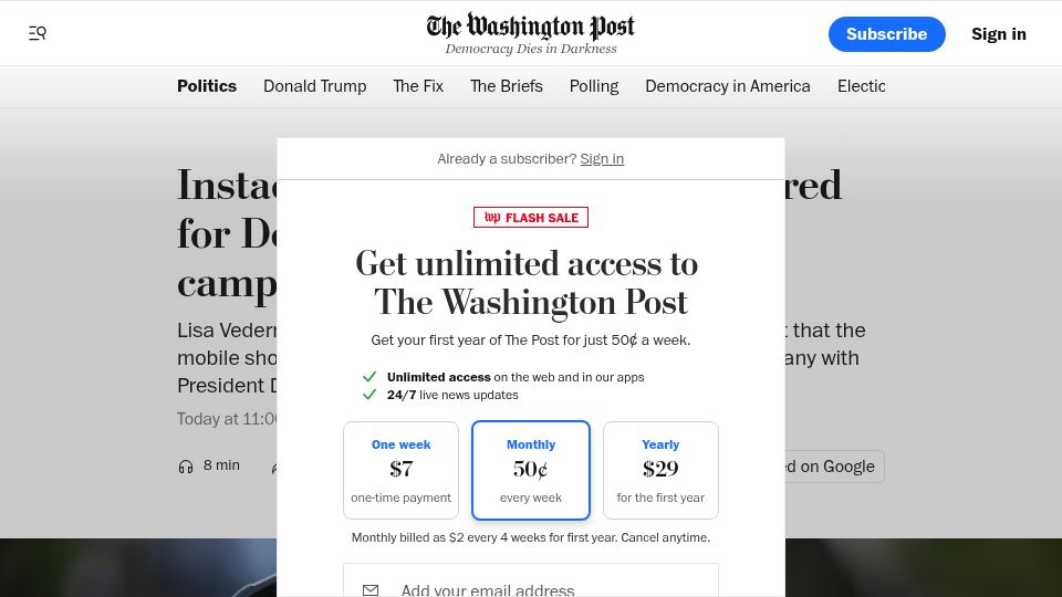Screenshot of washingtonpost.com: Instacart director says she was fired for Democratic congressional campaign