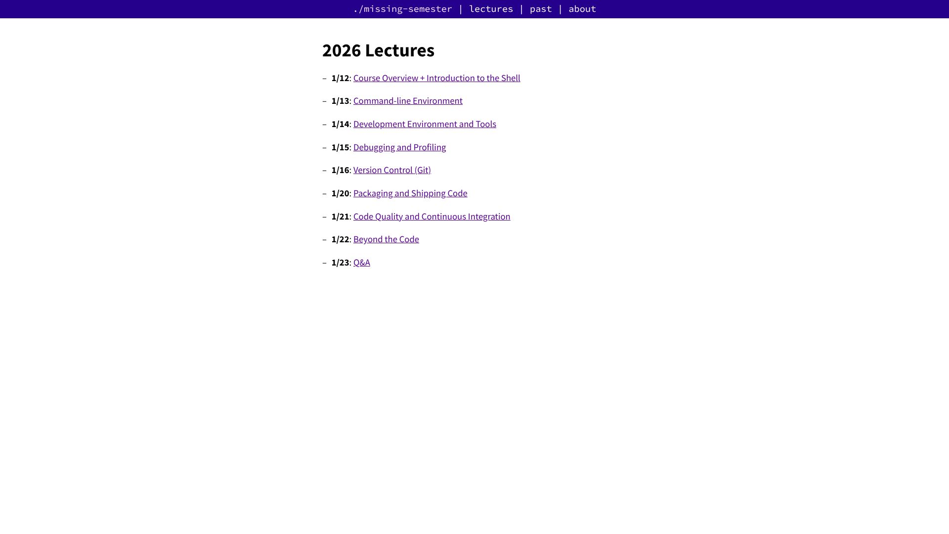 Screenshot of missing.csail.mit.edu: MIT Missing Semester 2026