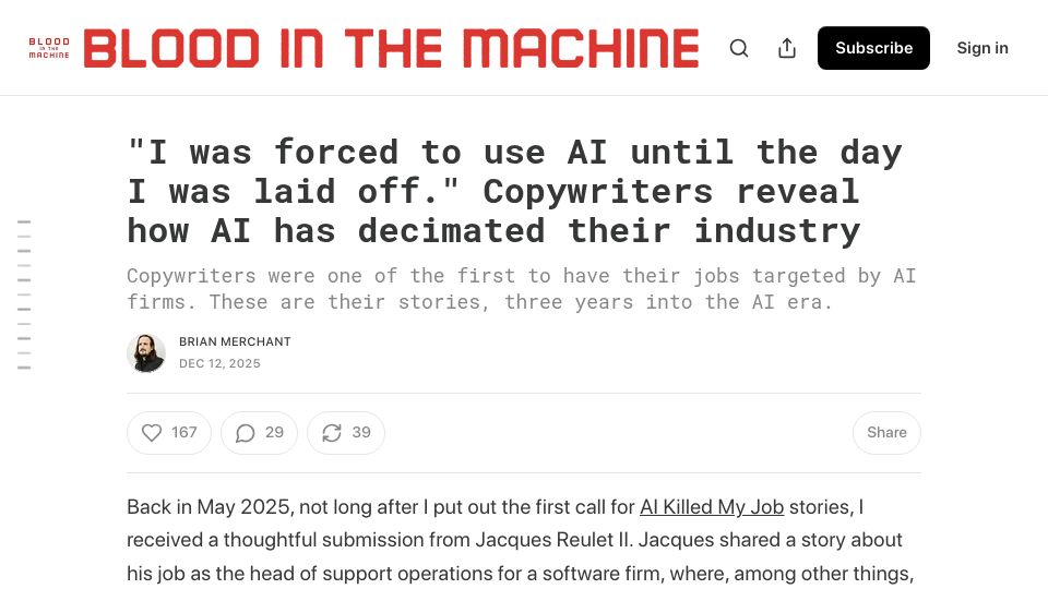 Screenshot of bloodinthemachine.com: Copywriters reveal how AI has decimated their industry