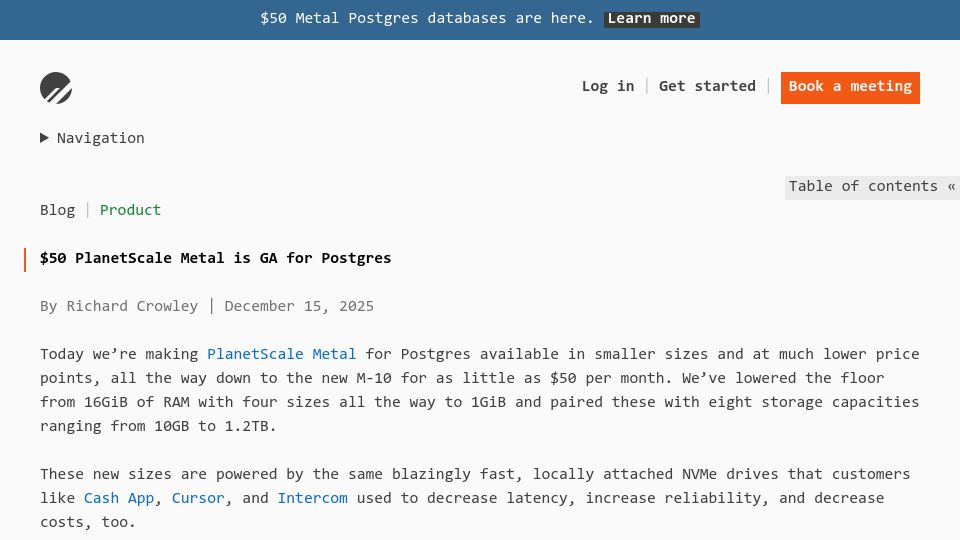 Screenshot of planetscale.com: $50 PlanetScale Metal Is GA for Postgres