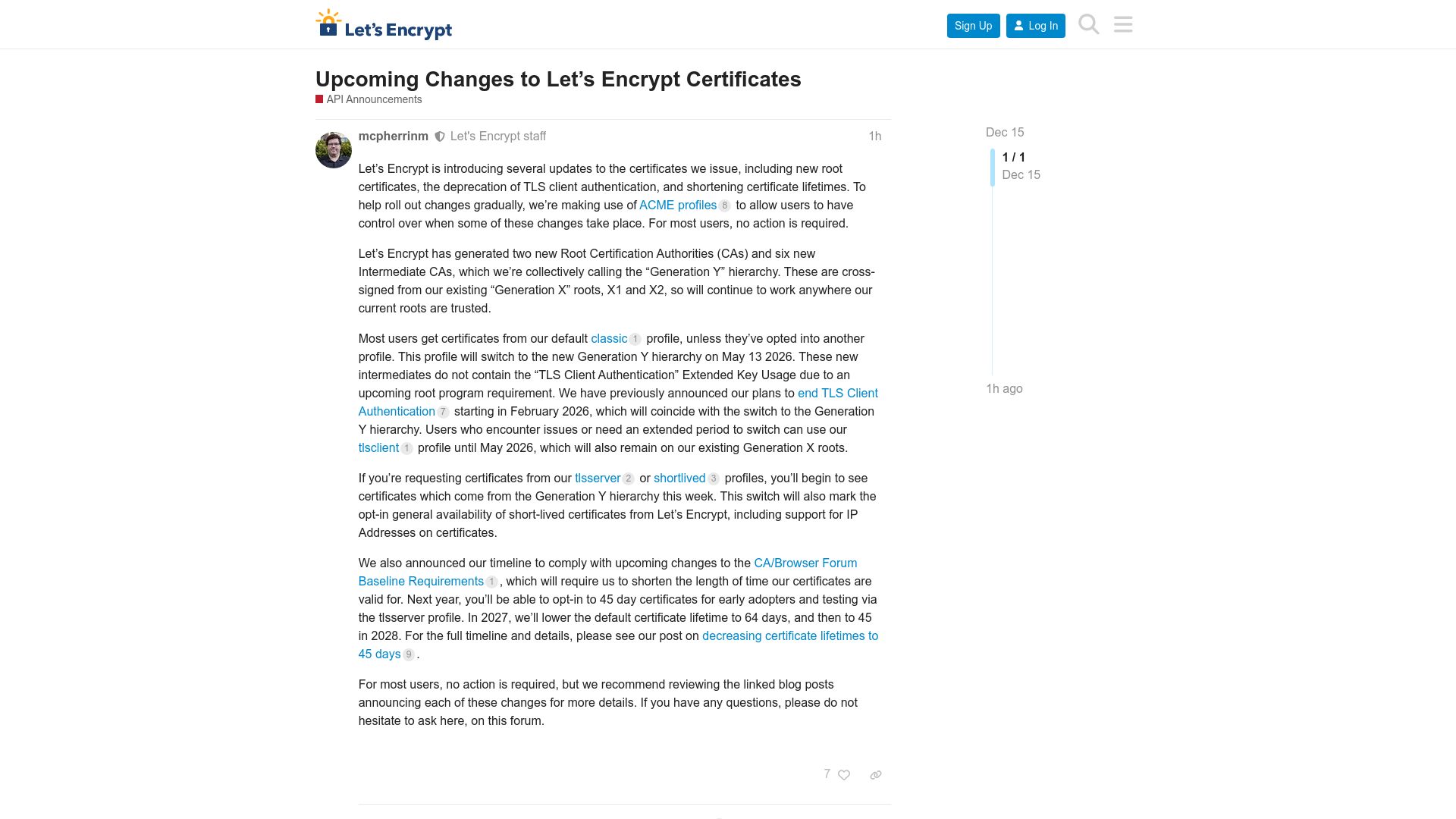 Screenshot of community.letsencrypt.org: Upcoming Changes to Let's Encrypt Certificates