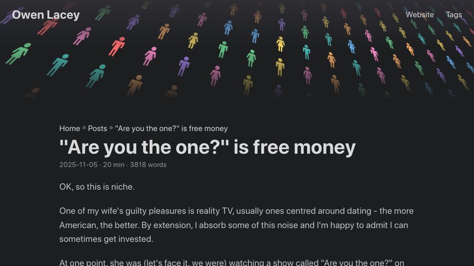 Screenshot of blog.owenlacey.dev: “Are you the one?” is free money