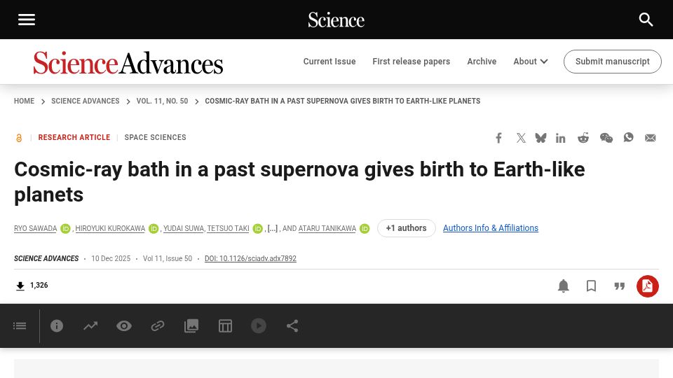 Screenshot of science.org: Cosmic-ray bath in a past supernova gives birth to Earth-like planets