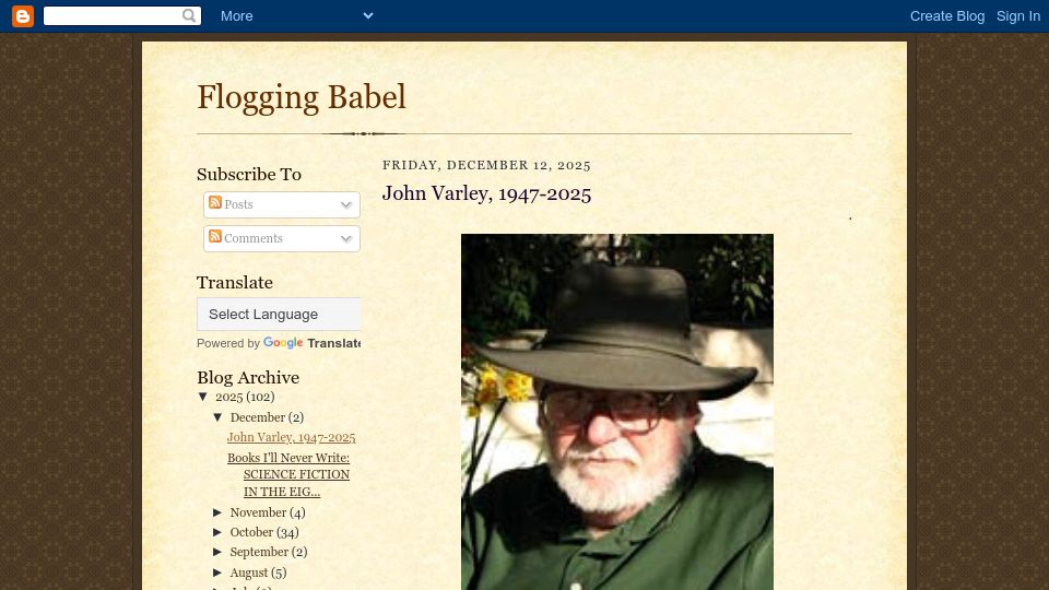 Screenshot of floggingbabel.blogspot.com: John Varley has died