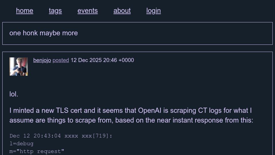 Screenshot of benjojo.co.uk: It seems that OpenAI is scraping [certificate transparency] logs
