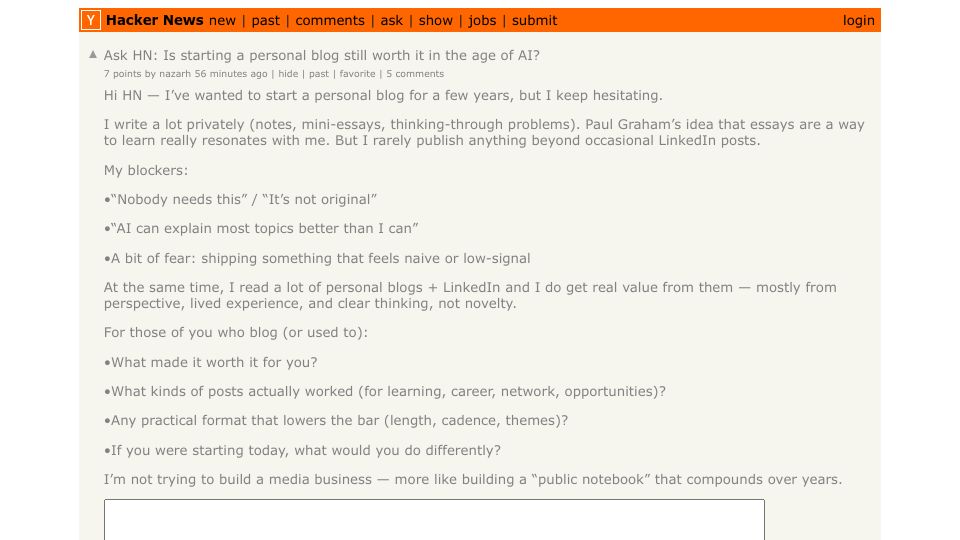 Screenshot of Hacker News post: Ask HN: Is starting a personal blog still worth it in the age of AI?