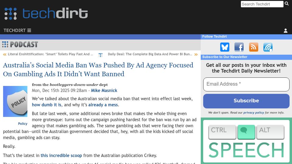 Screenshot of techdirt.com: Australia's Social Media Ban Was Pushed by Gambling Ad Agency