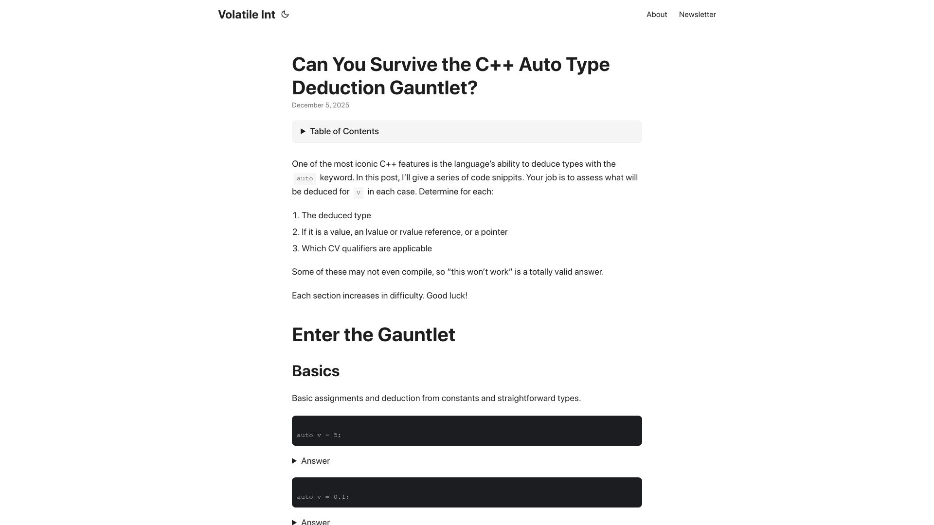 Screenshot of volatileint.dev: How well do you know C++ auto type deduction?