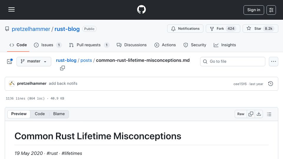 Screenshot of github.com: Common Rust Lifetime Misconceptions