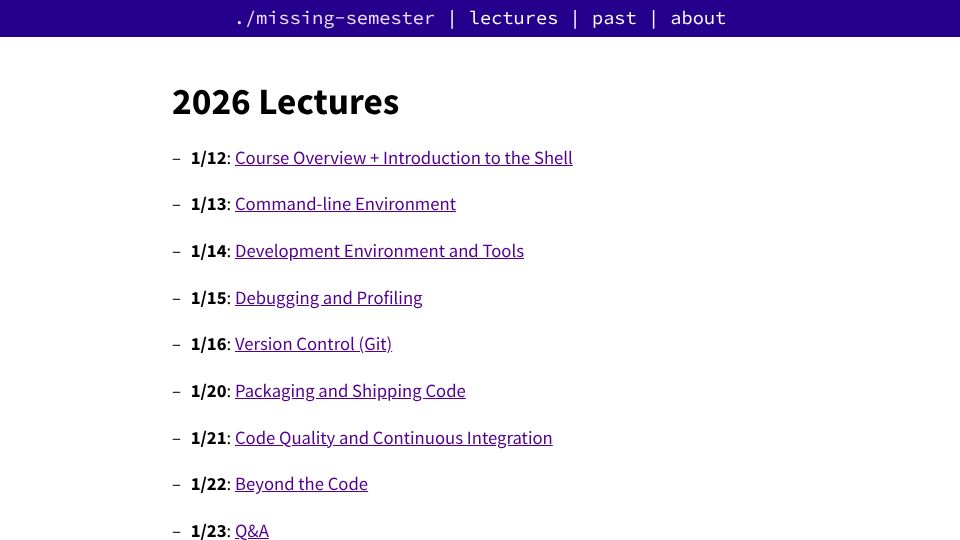 Screenshot of missing.csail.mit.edu: MIT Missing Semester 2026