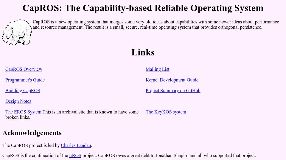 Screenshot of capros.org: CapROS: Capability-Based Reliable Operating System