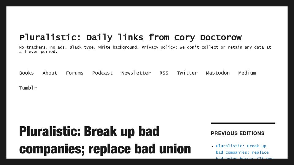 Screenshot of pluralistic.net: Break up bad companies; replace bad union bosses